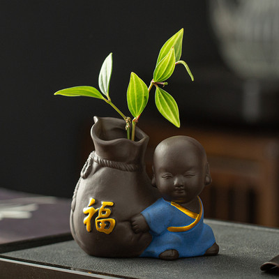 Creativitate, lucrat manual, ceai din lut mov, animal de companie, călugăr Buddha, porcușor, statuie, ornamente, ghiveci cu flori de birou, ghiveci pentru casa, cadouri de decorare pentru masă