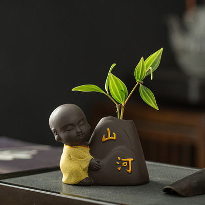 Creativitate, lucrat manual, ceai din lut mov, animal de companie, călugăr Buddha, porcușor, statuie, ornamente, ghiveci cu flori de birou, ghiveci pentru casa, cadouri de decorare pentru masă