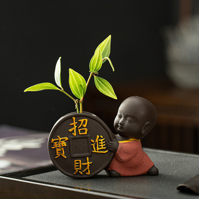 Creativitate, lucrat manual, ceai din lut mov, animal de companie, călugăr Buddha, porcușor, statuie, ornamente, ghiveci cu flori de birou, ghiveci pentru casa, cadouri de decorare pentru masă