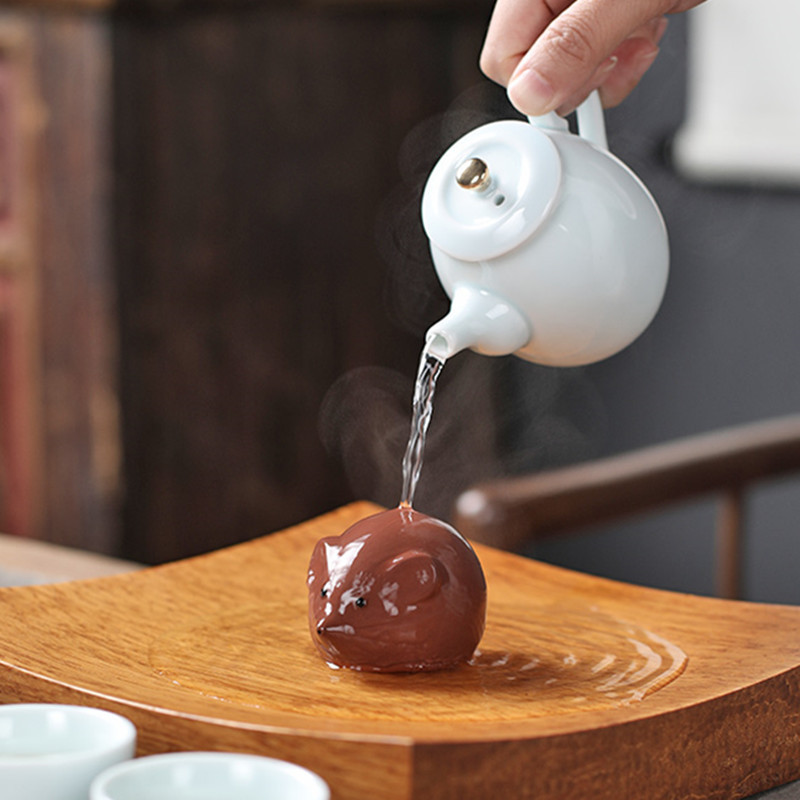 Ceai din argilă mov Animale de companie norocos, statuie de șoarece mic, ornament, sculptură lucrată manual, artizanat, set de ceai pentru acasă, accesorii de decorare