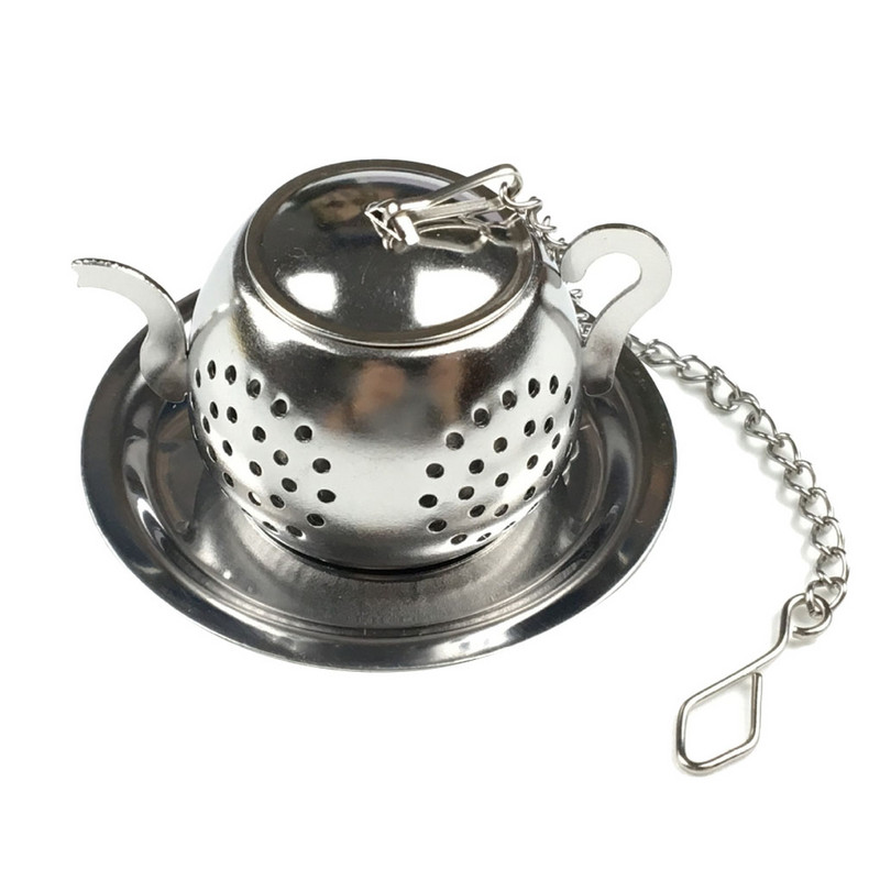 Teáskanna formájú laza tea infuser rozsdamentes acél leveles teafőző szűrő láncos csepegtető tálcával gyógynövényes fűszerszűrővel