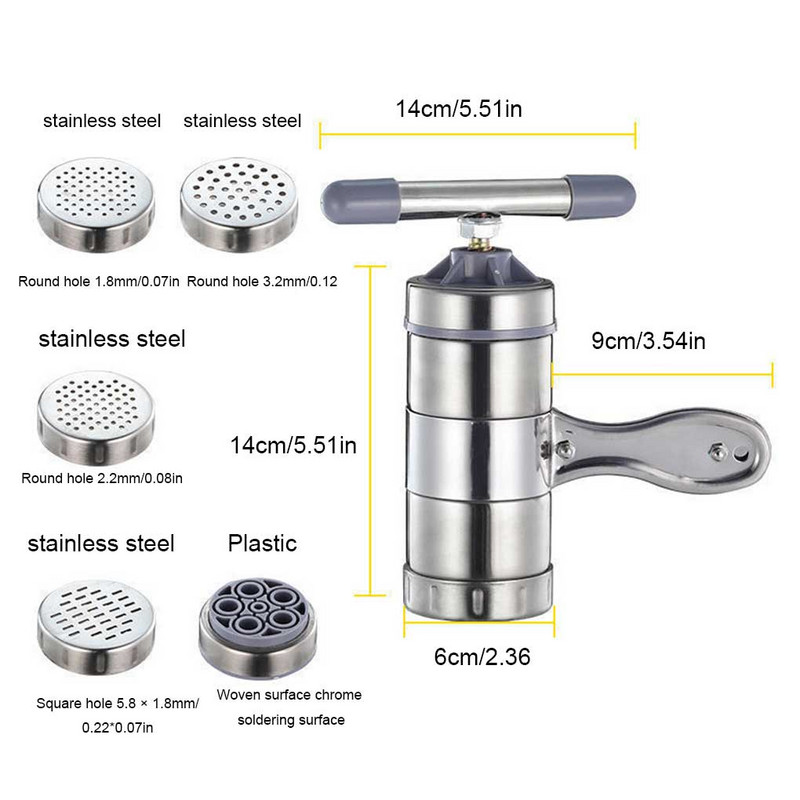 Rankinė makaronų gaminimo mašina, nešiojama makaronų spagečių spaudimo mašina su 5 formomis, buitiniais nerūdijančio plieno, „pasidaryk pats“ makaronų kūrimo įrankiais