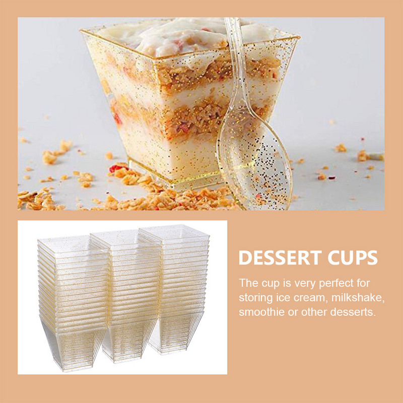 Puodeliai Desertinis Mini pudingo dubenėlis Puodelis vienkartinis kvadratinis kreminis ledas parfė skaidrus jogurtas užkandis šaudyklės vakarėlio dangteliai vaisių blizgučiai