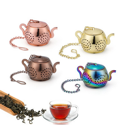 Filtru de ceai din metal Forma ceainic Infuzor de ceai liber Filtru de ceai cu frunze din oțel inoxidabil Filtru de picurare cu lanț Tavă de picurare Filtru de condimente din plante