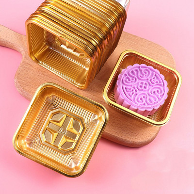 100 vnt. kvadratinių mėnulio pyragų padėklai Mooncake pakavimo dėžutė konditerijos dekoratyviniai priedai Auksinė plastikinė tortų dėžutė kiaušinio trynio sluoksnio dėžutėms