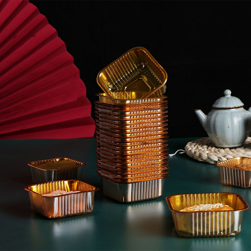 100 vnt. kvadratinių mėnulio pyragų padėklai Mooncake pakavimo dėžutė konditerijos dekoratyviniai priedai Auksinė plastikinė tortų dėžutė kiaušinio trynio sluoksnio dėžutėms