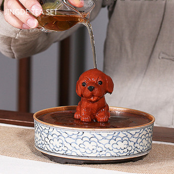 1PCS Yixing Ръчно изработен лилав глинен чай Pet Lucky Puppy статуя Орнаменти Настолни занаяти Бутикова маса за чай Аксесоари за декорация