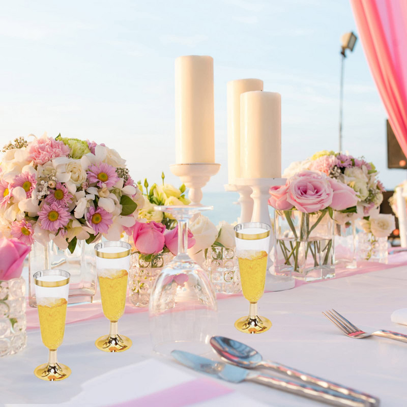 5gab Kāzu šampanieša flauta 5OZ Creative vienreizējās lietošanas plastmasas kāzu kauss šampanieša glāzes dzeršanas piederumi ballītei