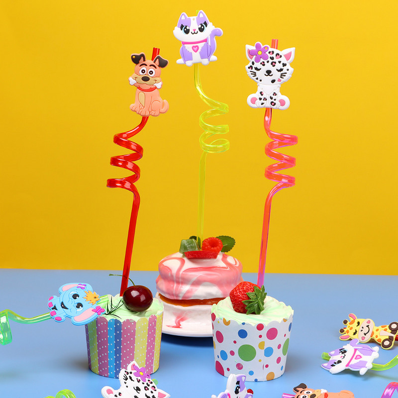 1/8 vnt. Daugkartinio naudojimo gyvūnų serijos teminiai plastikiniai šiaudeliai vaikams su gimtadienio vakarėliu Baras Gėrimo šiaudeliai Vakarėlio šiaudeliai Vakarėlio dekoras