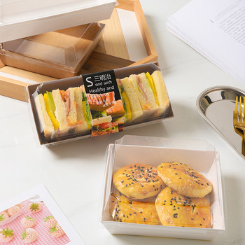 10 бр правоъгълна/квадратна крафт хартиена кутия Кутии за опаковане на сандвичи с пластмасови прозрачни капаци Торта Хляб Снек Пекарна Опаковка за храна