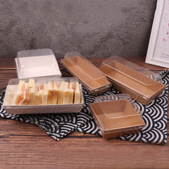 10 бр правоъгълна/квадратна крафт хартиена кутия Кутии за опаковане на сандвичи с пластмасови прозрачни капаци Торта Хляб Снек Пекарна Опаковка за храна