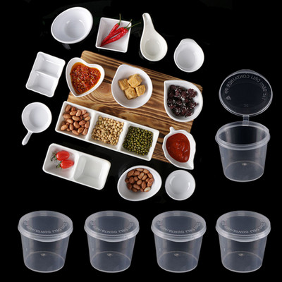 100 бр. Прозрачни контейнери за малки сосове за храна Опаковка за сок Кутия и капак Преносими пластмасови чаши за еднократна употреба Прозрачен дозатор за плодове