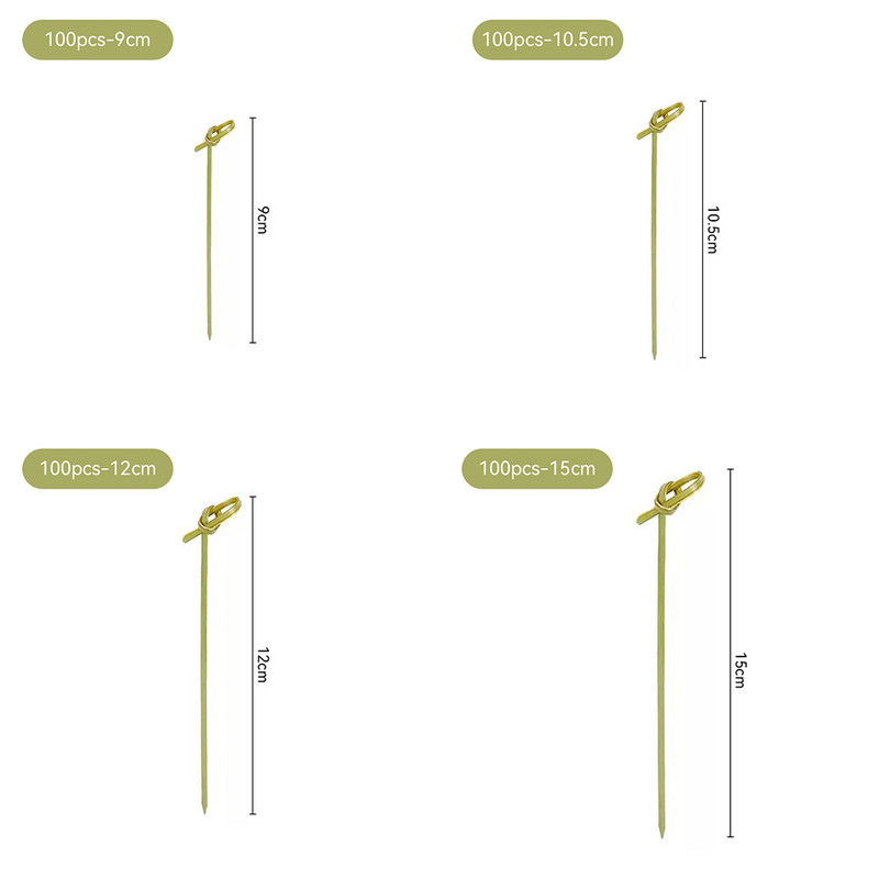 100 DB eldobható bambusz nyakkendő csomózott nyárs csavart végű koktél étel gyümölcs csákány Villarudak vendéglátóipari desszertekhez VC