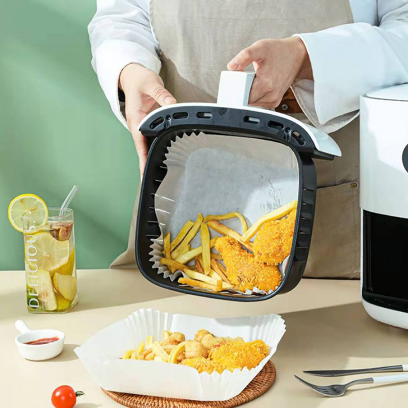 100 gab Air Fryer vienreizējās lietošanas papīrs, eļļu absorbējošs papīrs, pārtikas kvalitātes augstas temperatūras izturīgs bļodas formas cepšanas silikona eļļas papīrs