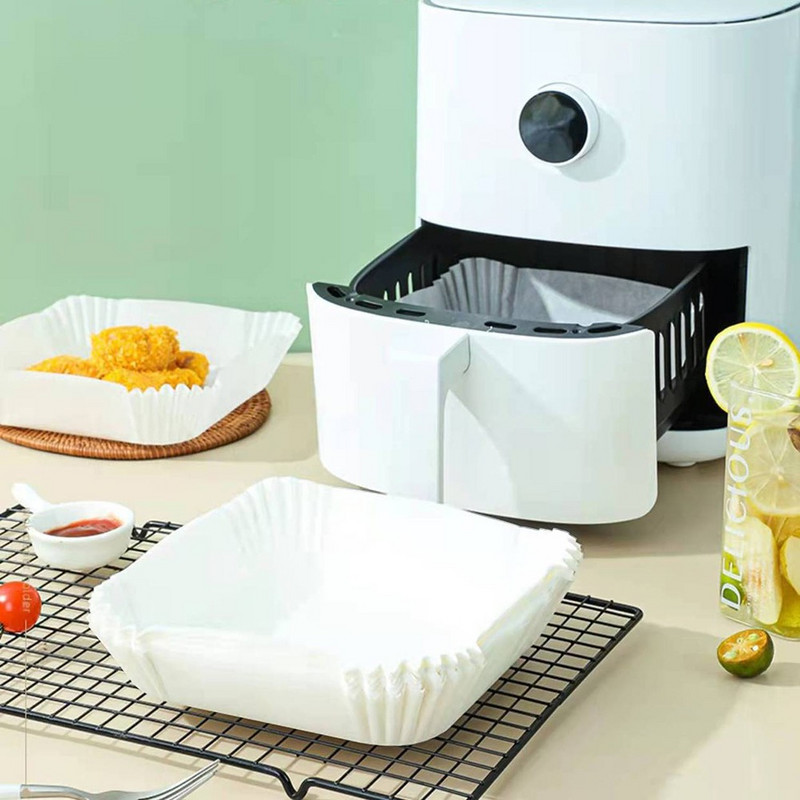 100 gab Air Fryer vienreizējās lietošanas papīrs, eļļu absorbējošs papīrs, pārtikas kvalitātes augstas temperatūras izturīgs bļodas formas cepšanas silikona eļļas papīrs