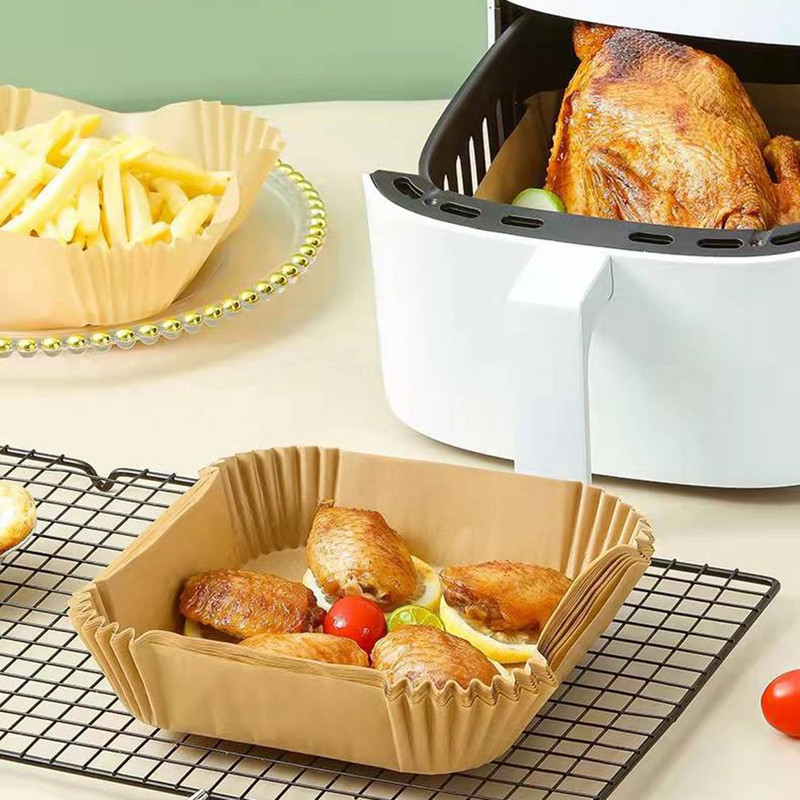 100 gab Air Fryer vienreizējās lietošanas papīrs, eļļu absorbējošs papīrs, pārtikas kvalitātes augstas temperatūras izturīgs bļodas formas cepšanas silikona eļļas papīrs