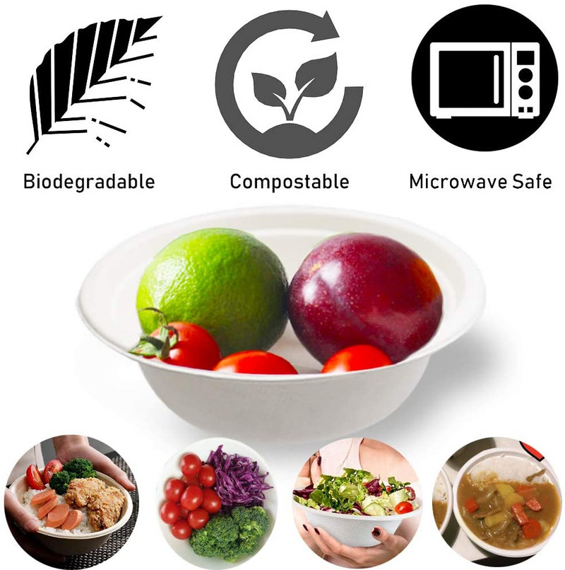 100% compostabilBowls de 12 oz 20 buc. Bagaș natural de unică folosință, de calitate rezistentă, ecologic, biodegradabil, fabricat din fibre de trestie de zahăr