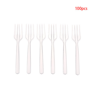 100 buc. Furculițe transparente, de unică folosință, pentru petreceri, bețișoare de grătar, set de frigărui, pentru masă, din plastic, pentru prăjituri, pentru fructe.