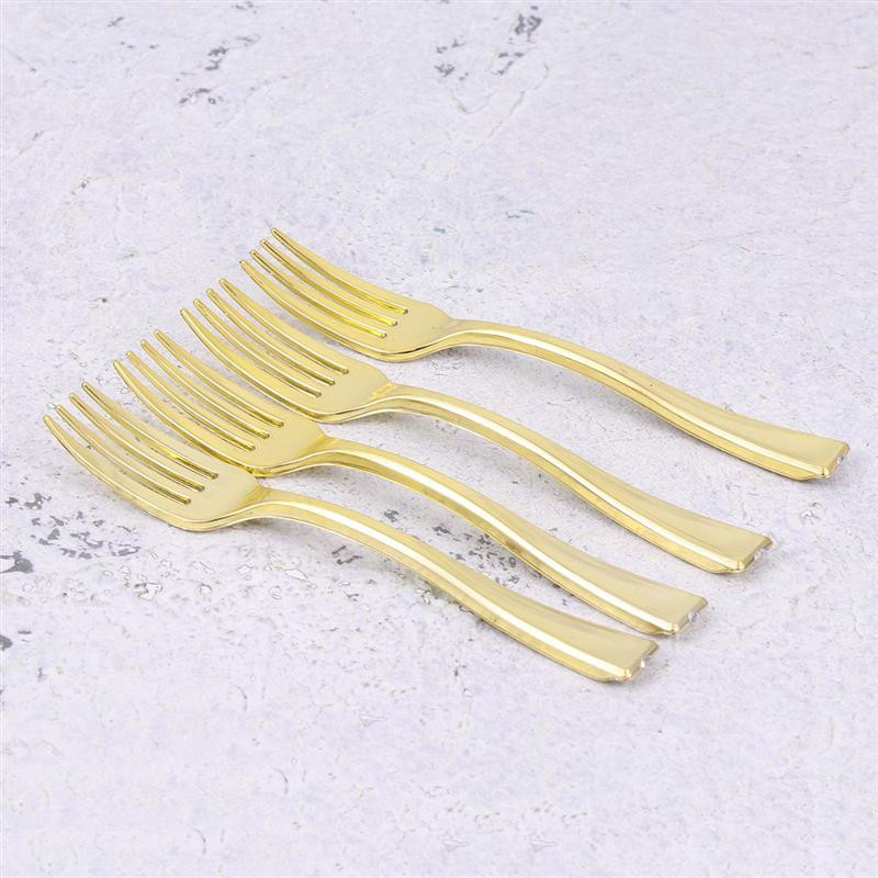 Šakutė Plastikiniai vienkartiniai mini auksiniai indai Sidabriniai stalo įrankiai Salotos Stalo įrankiai Kokteilis Pyragas Desertas Degustacija Vaisiai Užkandis Šakės