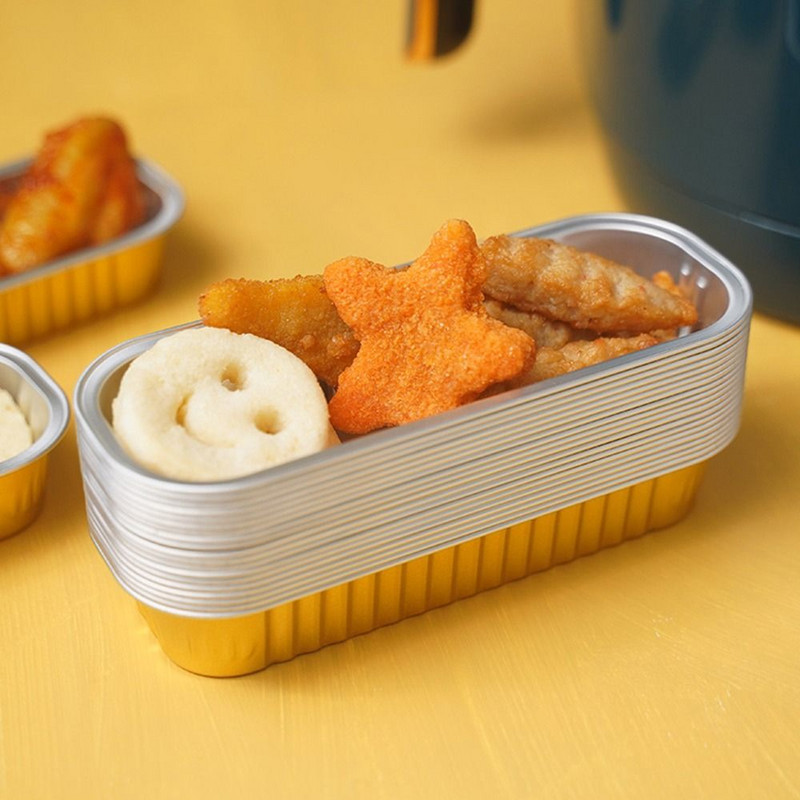 10 gab Alumīnija folijas mini klaipu pannas ar vākiem 6,8 unces šauras kūku pannas Taisnstūra cepšanas krūzes vienreizējās lietošanas Ramekins smalkmaizītes