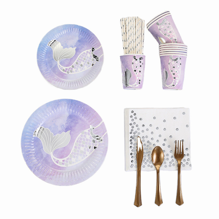 Veselă de unică folosință cu sirenă Farfurie din hârtie cu imprimare cu aur fierbinte Farfurie pentru tort pentru petrecere de nuntă Farfurii pentru cină pentru fete drăguțe