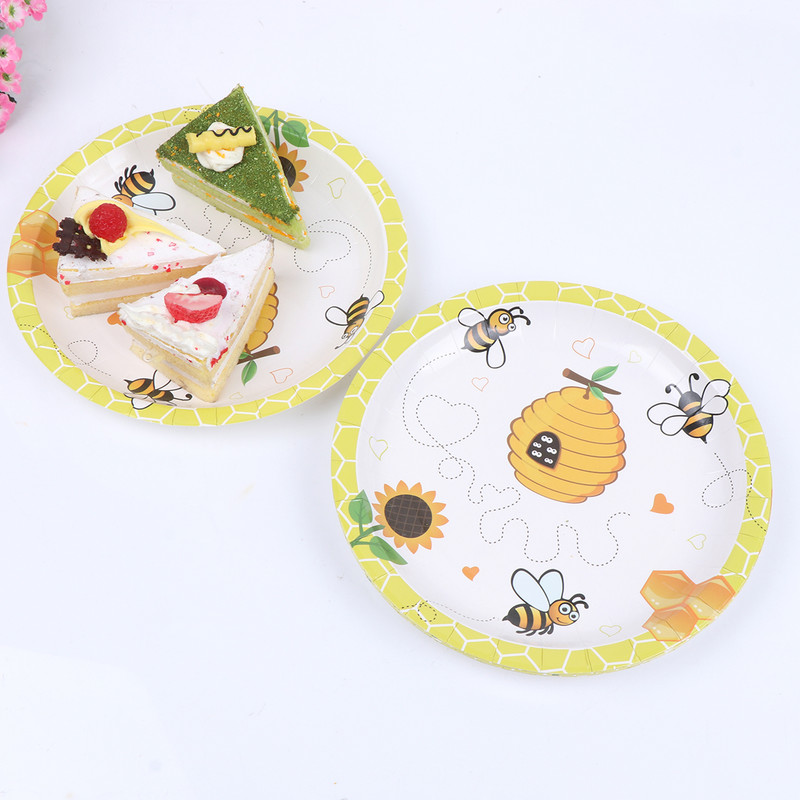 16gab 7 collas vienreizlietojami kūku šķīvji Bišu tematiskā ballīšu papīra trauki bišu apdrukai dzimšanas dienas svinību karnevālam