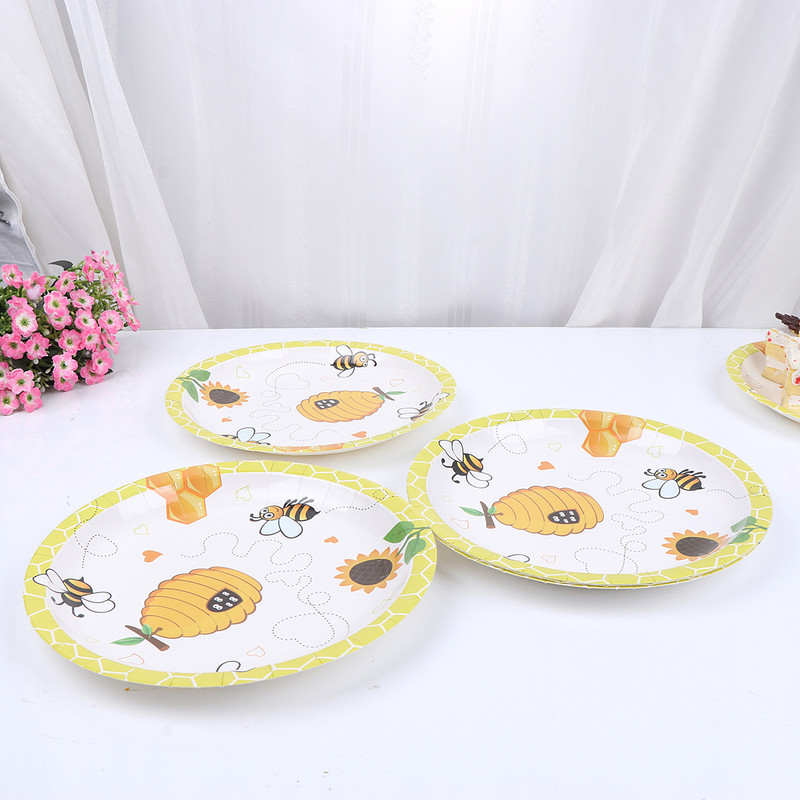 16gab 7 collas vienreizlietojami kūku šķīvji Bišu tematiskā ballīšu papīra trauki bišu apdrukai dzimšanas dienas svinību karnevālam