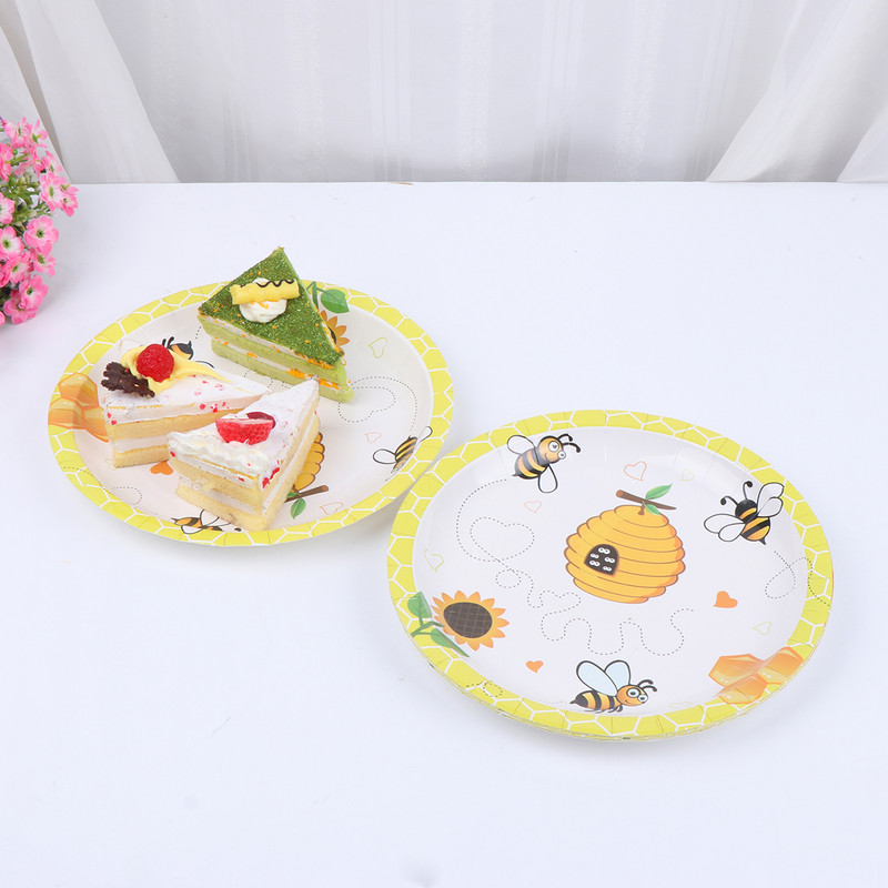 16gab 7 collas vienreizlietojami kūku šķīvji Bišu tematiskā ballīšu papīra trauki bišu apdrukai dzimšanas dienas svinību karnevālam