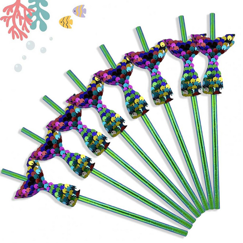 20 de bucăți paie cu coadă de sirenă, hârtie de petrecere, paie ecologice sigure pentru accesorii pentru petreceri tematice de sirene