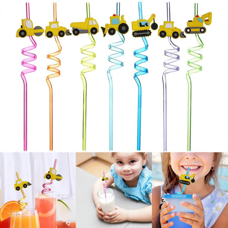 8db Hasznos szívószálak Imádnivaló szívószálak Újrafelhasználható, igényes formájú kotrógép Bulldózer dekor buli szívószálak