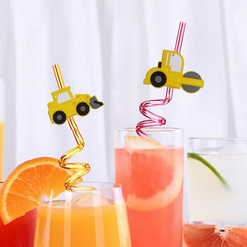 8db Hasznos szívószálak Imádnivaló szívószálak Újrafelhasználható, igényes formájú kotrógép Bulldózer dekor buli szívószálak