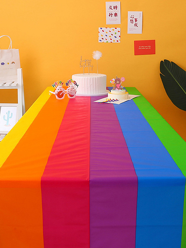 Naujas vandeniui atsparus stačiakampis stalo užvalkalas vaivorykštės stalo staltiesė spalvinga vaivorykštės tema skirta gimtadienio vakarėliui, 54 x 108 colių