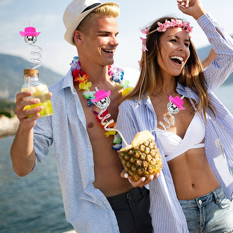 10 db Tükör Cowboy Kalap Disco Golyós szívószálak Dekoratív Mini Disco Ball Szalma Dekor Disco Party Dekorációk Esküvői Születésnapra