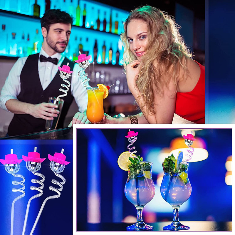 10 db Tükör Cowboy Kalap Disco Golyós szívószálak Dekoratív Mini Disco Ball Szalma Dekor Disco Party Dekorációk Esküvői Születésnapra