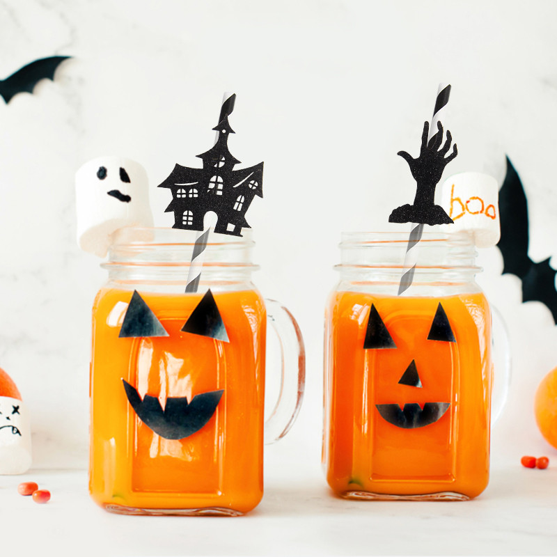 9gab/18gab Helovīna galvaskauss ķirbju papīra salmiņi sikspārņu dzeršanai vienreizlietojamie dzeramie salmi Helovīna ballīte mājas bāra dekoru piederumi