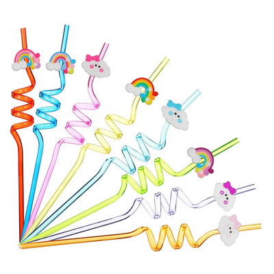8 DB/Szett Rajzfilm Állatok Szivárvány Nyalóka Többször használható szívószálak Műanyag szívószálak gyerekeknek Születésnapi buli dekorációs kellékek