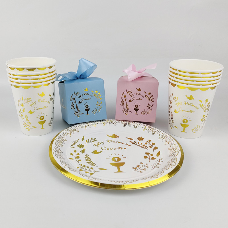 20 gab. Bronzing Mi Primera Comunión 7 collu papīra šķīvis un 250 ml papīra glāze Spānijas bērnu dievgalda vienreizlietojamiem traukiem
