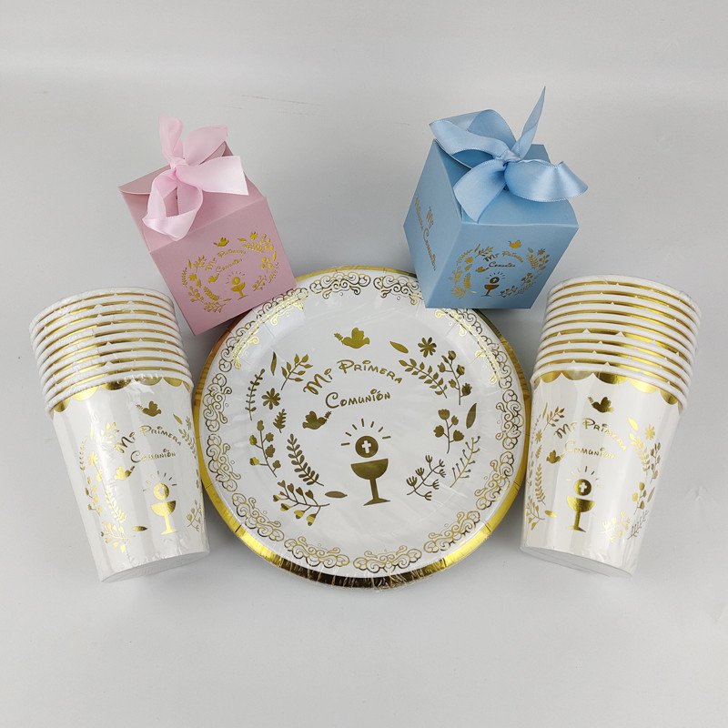 20 gab. Bronzing Mi Primera Comunión 7 collu papīra šķīvis un 250 ml papīra glāze Spānijas bērnu dievgalda vienreizlietojamiem traukiem
