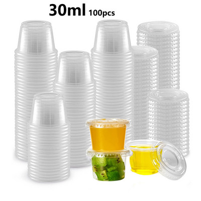 100 buc, 30 ml, pahar de plastic de unică folosință cu capac, cești transparente pentru sos, recipient pentru condimente cu jeleu, cutie rotundă sigilată, accesorii de bucătărie