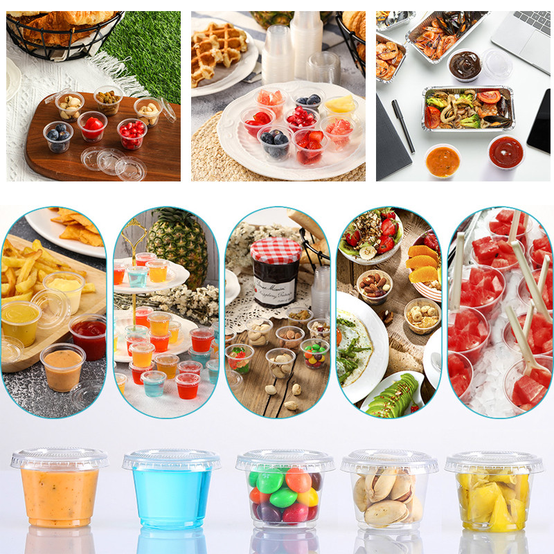 100 vnt. 30 ml vienkartinis plastikinis puodelis su dangteliu Skaidraus padažo puodeliai želė prieskonių talpykla apvali uždaryta dėžutė virtuvės priedai