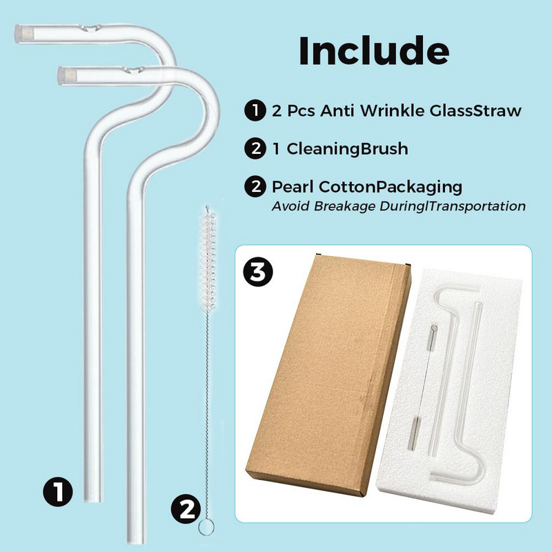Újrafelhasználható üvegszívószál tisztítókefével Újrafelhasználható, nagy szilárdságú, nagy boroszilikát üvegből készült ránctalanító szívószál italok koktélokhoz