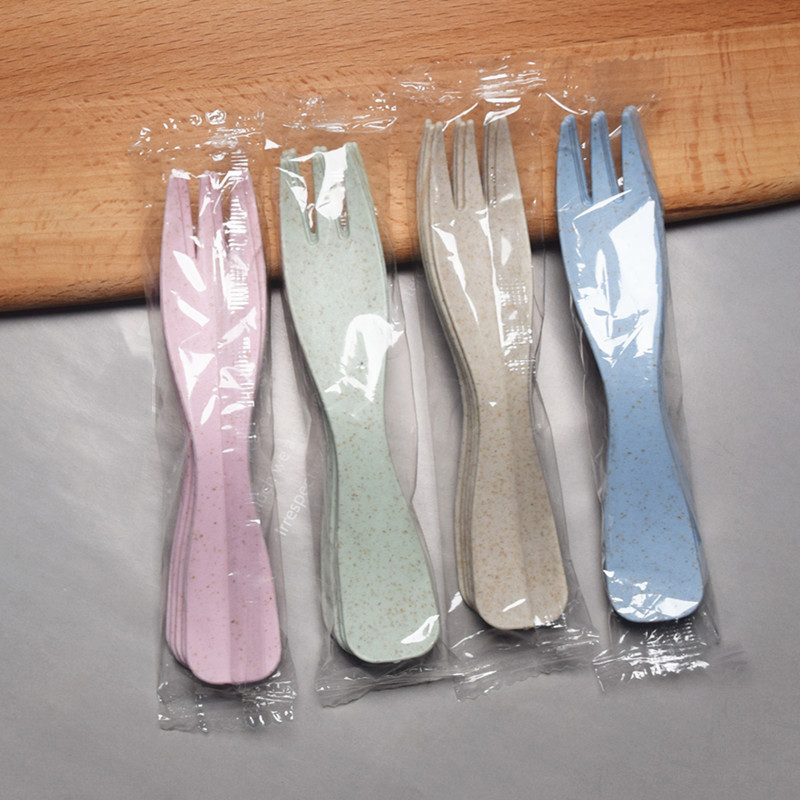 5Set vienreizējās lietošanas viļņveida formas mazas dakšiņas galda piederumu komplekts, kviešu salmu galda piederumu piederumi, augļu deserti kūku dakšiņas ballīšu piederumi