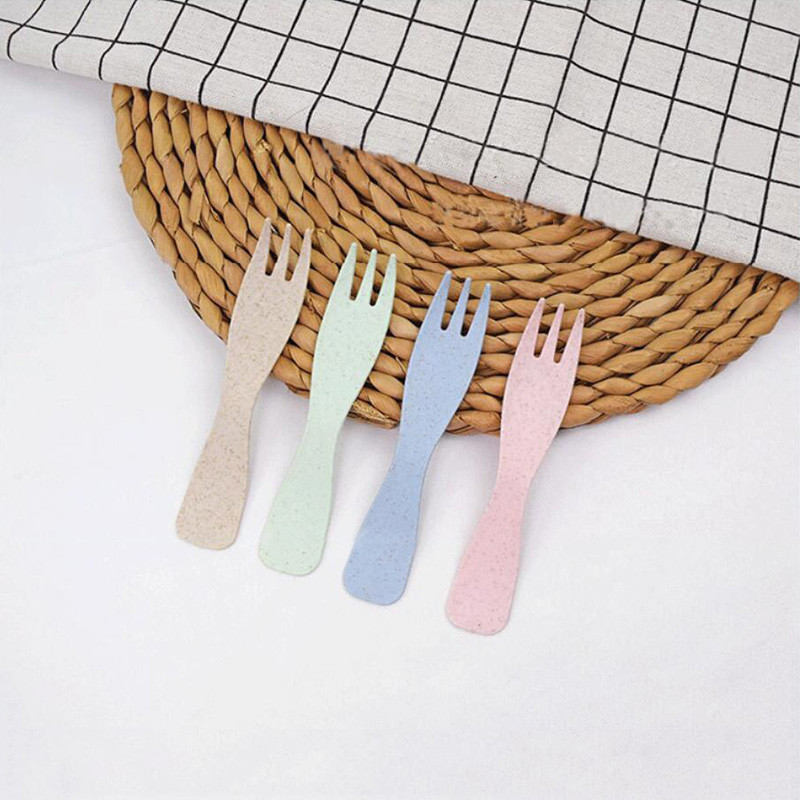 5Set vienreizējās lietošanas viļņveida formas mazas dakšiņas galda piederumu komplekts, kviešu salmu galda piederumu piederumi, augļu deserti kūku dakšiņas ballīšu piederumi