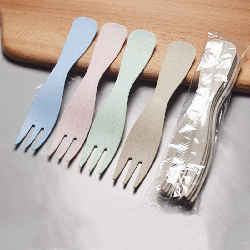 5Set vienreizējās lietošanas viļņveida formas mazas dakšiņas galda piederumu komplekts, kviešu salmu galda piederumu piederumi, augļu deserti kūku dakšiņas ballīšu piederumi