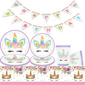 Λουλούδι Μονόκερος Θέμα πάρτι Ροζ Γενέθλια Διακοσμητικό Πανό Τραπεζομάντιλο Χάρτινος Δίσκος Σετ σερβίτσιων μιας χρήσης