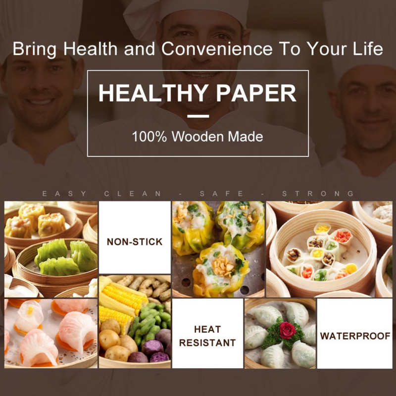 100 gab Air Fryer ieliktņi Bambusa tvaicēšanas ieliktņi Perforētas pergamenta papīra loksnes Nepiedegošas grozu paklājs tvaicēšanas/ cepšanas papīri