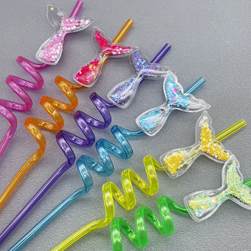 6Gb Spīdīgi sequins Fruit Series Plastmasas salmiņi Vīnogu Arbūza Dekorācija Izliekti atkārtoti lietojami salmu ballīšu dekorēšanas piederumi