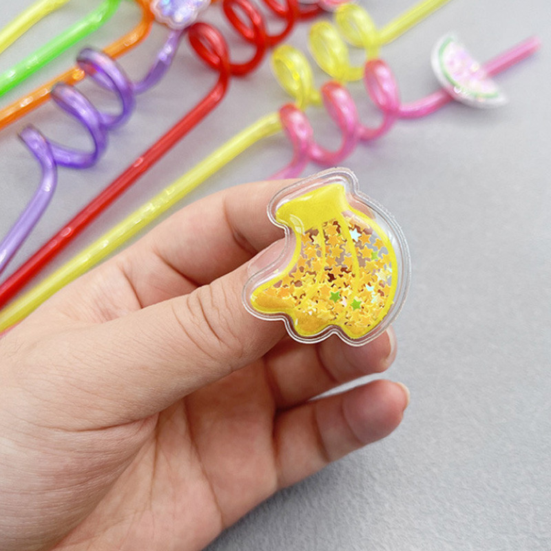 6Gb Spīdīgi sequins Fruit Series Plastmasas salmiņi Vīnogu Arbūza Dekorācija Izliekti atkārtoti lietojami salmu ballīšu dekorēšanas piederumi