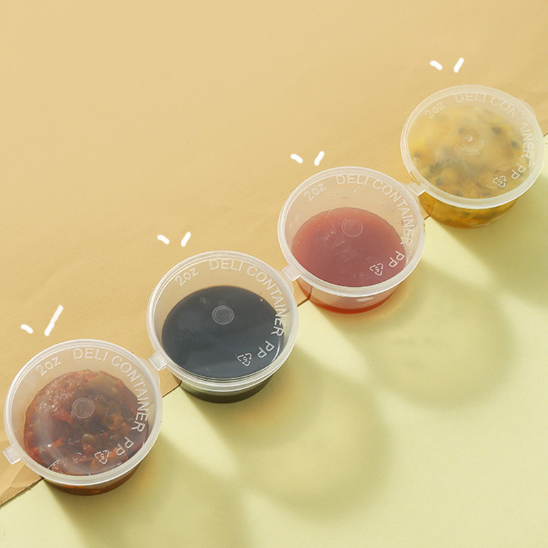 Műanyag szószos tégelyek adagolódobozok fedővel 50db/készlet Sűrített eldobható Bbq szósz fűszerezés Kistál Chilis csésze tartály