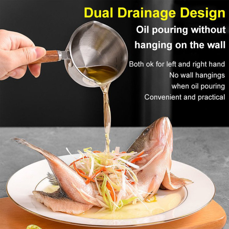 Eļļas šļakatu panna Karstās eļļas katls 304 nerūsējošā tērauda eļļošanas katls Mini mazs katls koka rokturis, eļļas degšanas katls, eļļas panna Virtuves trauki cepšanai
